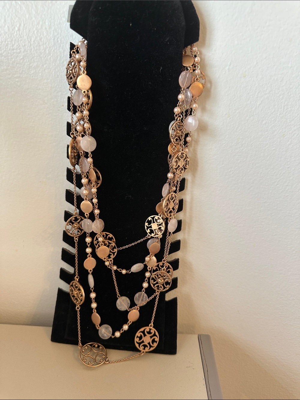 Multi-Strand Gold Tone Filigree and Bead Necklace - Women Jewelry